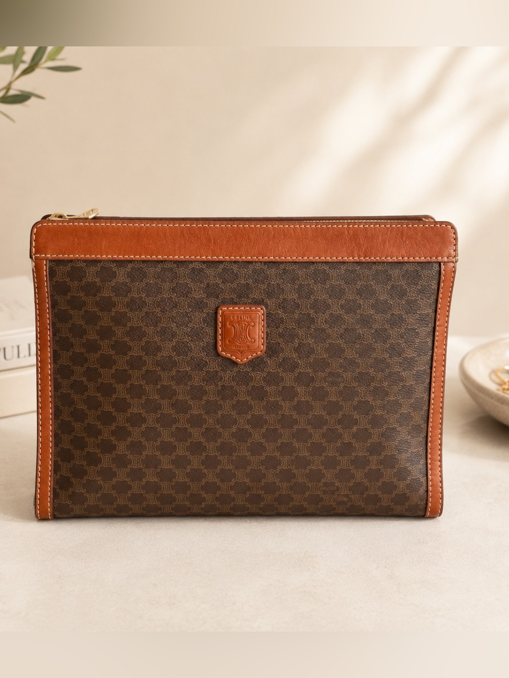 Celine Macadam Monogram Brown Canvas Leather Zip Clutch Pouch Vintage